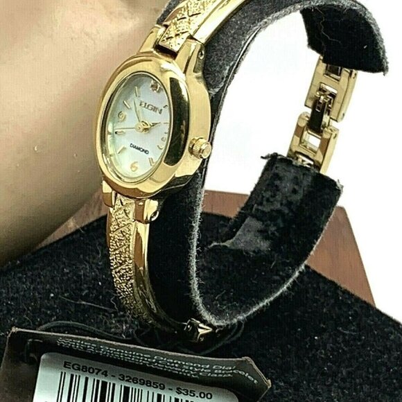 Elgin Women's Watch EG8074 Mother of Pearl Diamond Dial Gold Tone Steel Petite - Picture 2 of 13